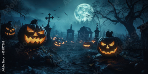 Glowing Jack-o-Lanterns / Halloween Pumpkins on Cemetery under Full Moon: A panoramic view of lit pumpkins in a spooky graveyard, illuminated by the moon, perfect for Halloween background.