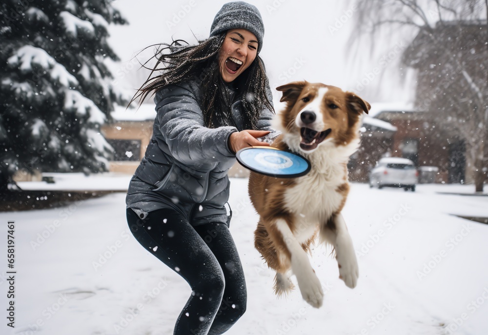 a dog playing frisbee with a woman in the snow a dog playing frisbee with a woman in the snow