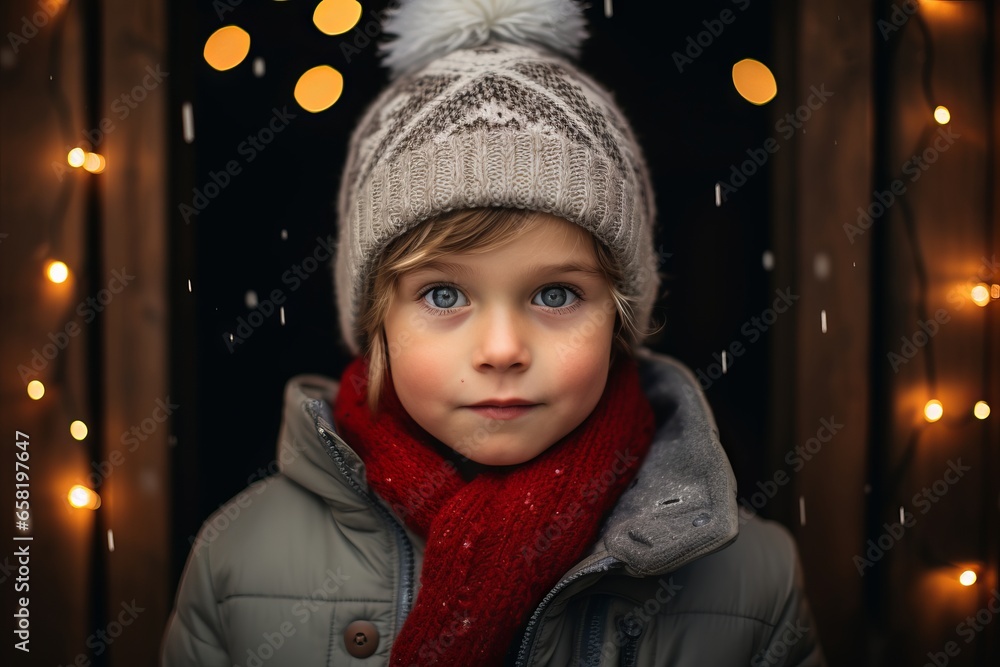 Portrait of a little boy in a hat and scarf on a background of Christmas lights. Portrait of a little boy in a hat and scarf on a background of Christmas lights.