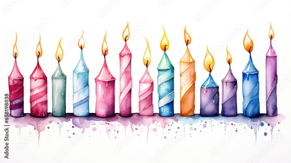 Naklejka premium Colorful birthday candles watercolor illustration on white background