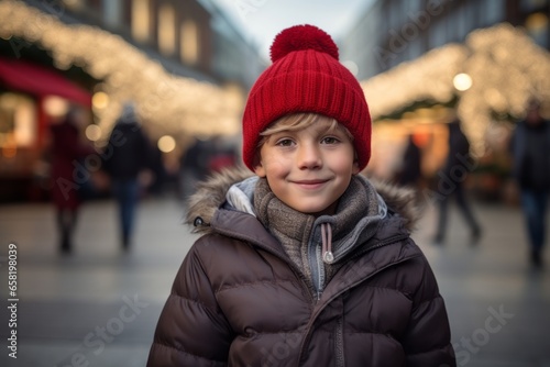 Portrait of a cute little boy in a red hat and coat on the background of the Christmas market.