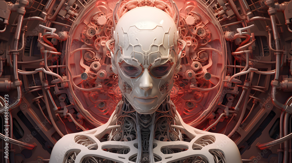 Showcase the intricate details of cybernetic implants merging seamlessly with human flesh. Highlight the fusion of humanity and technology in a visually stunning and detailed composition. - obrazy, fototapety, plakaty 
