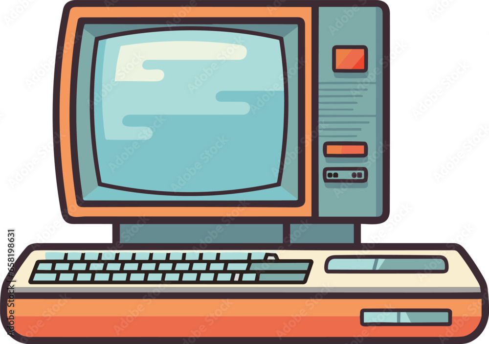 Cartoon retro computer monitor with keyboard. Retro vector kitsch ...