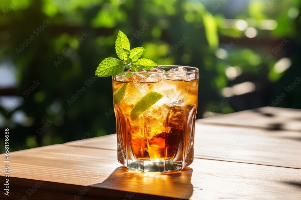 A refreshing glass of tamarind cooler garnished with fresh mint leaves, served on a rustic wooden table with a backdrop of a sunny summer garden A refreshing glass of tamarind cooler garnished with fresh mint leaves, served on a rustic wooden table with a backdrop of a sunny summer garden