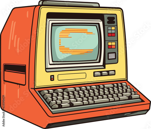 Cartoon retro computer monitor with keyboard. Retro vector kitsch vintage