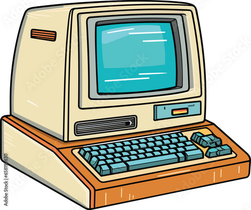 Cartoon retro computer monitor with keyboard. Retro vector kitsch vintage