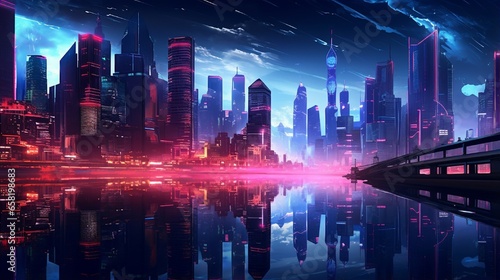 Neon-lit cityscape reflected in a glassy cyberpunk river in .