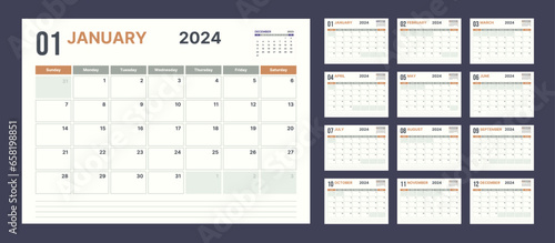 2024 calendar planner set for template corporate design week start on Sunday in color of the year.