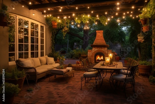 Inviting patio adorned with charming fairy lights. Generative AI
