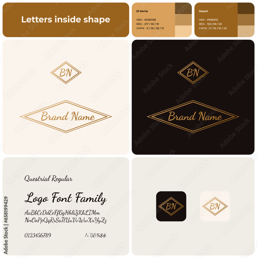 2D luxury fashion logo with brand name. Creative brand name icon. Visual identity. Editable template with questrial regular font. Suitable for fashion, shopping, luxury.