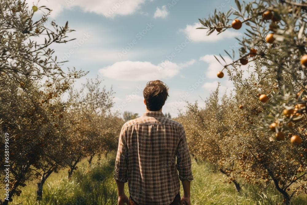 A person, viewed from the back and wearing a plaid shirt, stands contemplatively in a vast orchard, bathed in the bright, uplifting sunlight, embodying a peaceful agricultural scene.