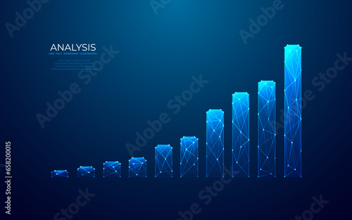 Hi-tech hologram of growing graph chart on blue background. Digital low poly wireframe vector illustration. Abstract stock market investment trading concept. Business finance investment graph growth.