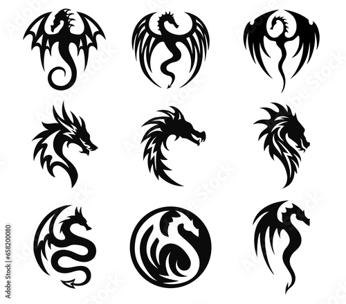 Set of dragon silhouettes, black and white illustration. Stylized symbol, sign, logo, vector emblem.