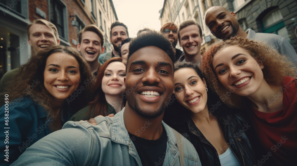 Happy group of young mixed race people smiling at camera outdoors - Smiling friends having fun hanging out on city street - University students posing together Happy group of young mixed race people smiling at camera outdoors - Smiling friends having fun hanging out on city street - University students posing together