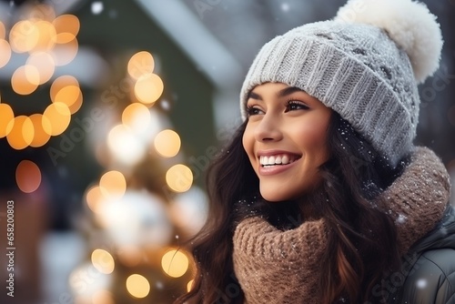 winter, holidays, christmas and people concept - smiling young woman in hat and scarf over lights background