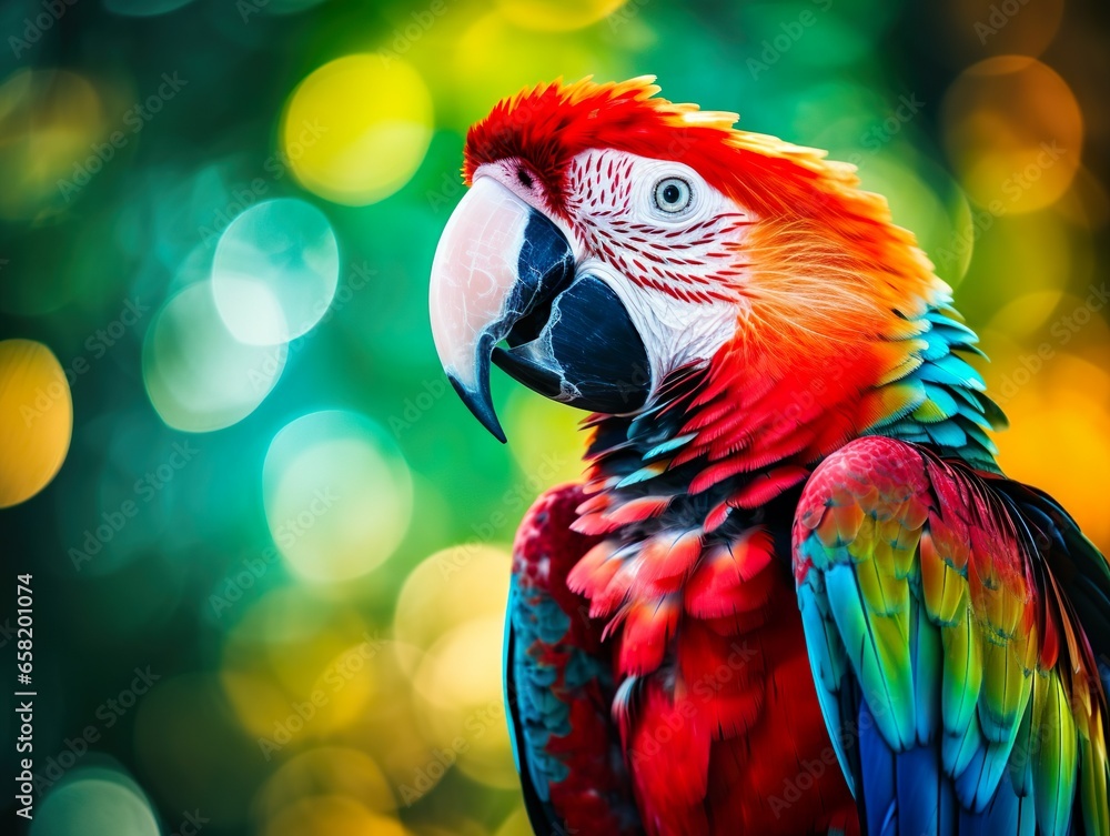 Scarlet macaw portrait in a colorful background