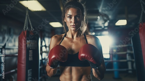 Young woman in sports wear practices boxing in the gym photo