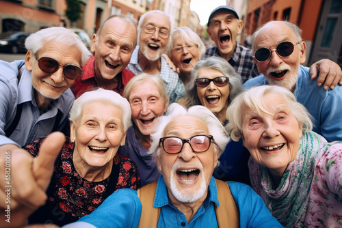 Happy group of senior friends smiling and laughing at camera outdoors - Older friends taking selfie pictures with smart mobile phone device - Life style concept with pensioners having fun together. photo