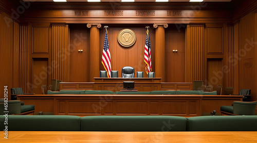 interior of court room of justice, judge chair