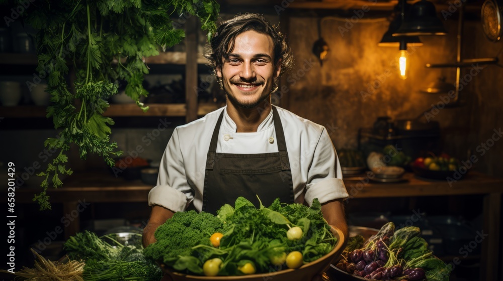 Smiling chef holding a basket of vegetables Smiling chef holding a basket of vegetables