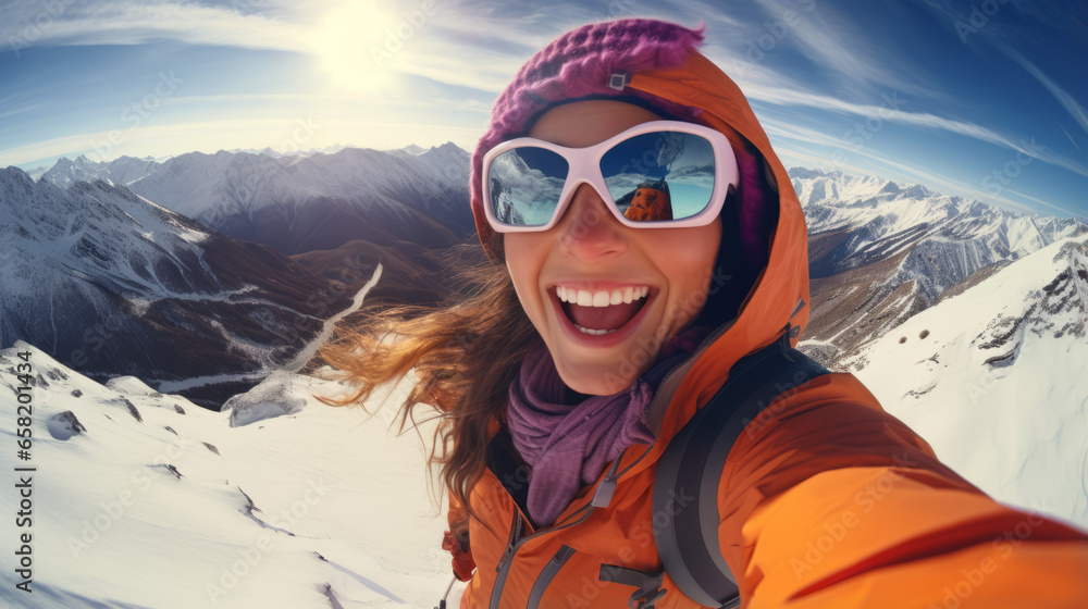 Young hiker man in goggles taking selfie portrait on the top of mountain - Happy guy excited smiling at camera - Hiking, sport, travel and technology concept