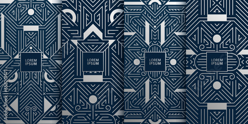 Vector set of art deco, fancy line labels, banners. Geometric wine, jewelry, tea, chocolate package templates, silver luxury design.
