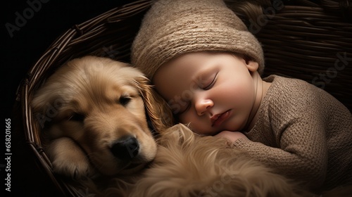 Sleeping newborn baby with a dog in a basket