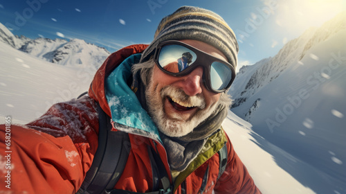 Skiing guy taking selfie on a mountain top in the snow, Alpine snow covered landscapes