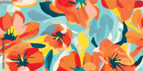 Hand drawn bright artistic abstract floral print. Modern cute collage pattern. Fashionable template for design. Floral vibrant pattern, with flowers backgrounds, vibrant acrylic colors brush strokes,