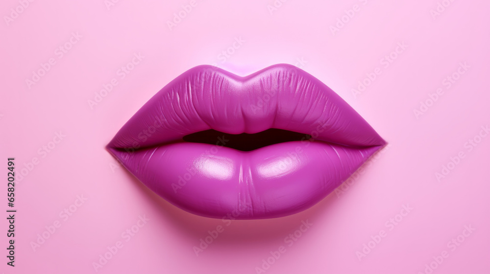 Full lips icon, for cosmetics, lip filler or surgery. Purple lips against a pink background - obrazy, fototapety, plakaty 