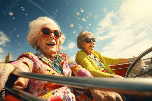 Two elderly women are riding in a car in the sun. Happy smiling friends having fun in a open top car.