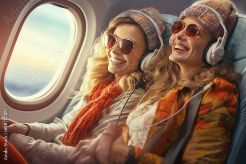 Happy tourist taking selfie inside airplane - Cheerful family couple on rout to a summer vacation - Passengers boarding on plane - Holidays, fun and transportation concept