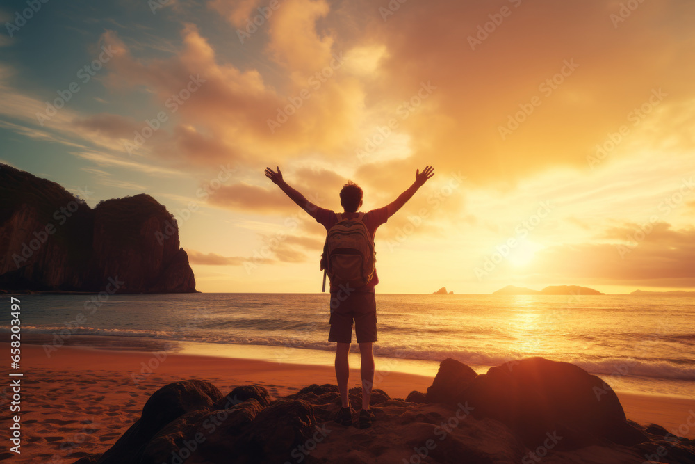 Fototapeta premium Successful man with arms up on the beach with his arms up showing the ocean raising hands to the sky.