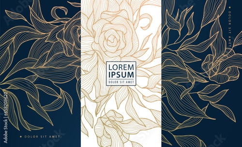 Set of vector design elements labels, frames, wedding invitations, social net stories, packaging, luxury products, perfume, soap, wine. Line golden backgrounds, floral patterns with leaves
