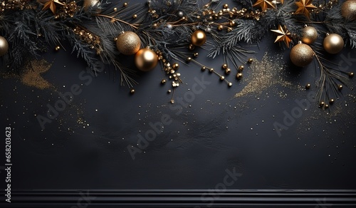Elegant Christmas background with shiny decorations, black background with New Year decoration