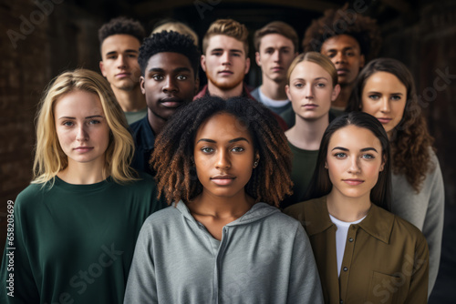 Diverse group of young people smiling together on a yellow wall background - Multiracial college students having fun on holiday vacation and laughing outside - Youth culture concept.