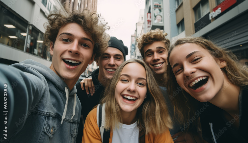 Happy group of young people smiling at camera outdoors - Smiling friends having fun hanging out on city street - University students standing together taking selfie. - Friendship and team concept Happy group of young people smiling at camera outdoors - Smiling friends having fun hanging out on city street - University students standing together taking selfie. - Friendship and team concept