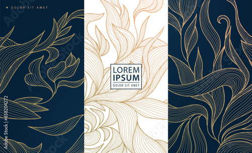 Set of vector design elements labels, frames, wedding invitations, social net stories, packaging, luxury products, perfume, soap, wine. Line golden backgrounds, floral patterns with leaves