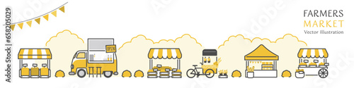 賑やかなファーマーズマーケットに並ぶお店のベクターイラスト