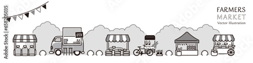 賑やかなファーマーズマーケットに並ぶお店のベクターイラスト