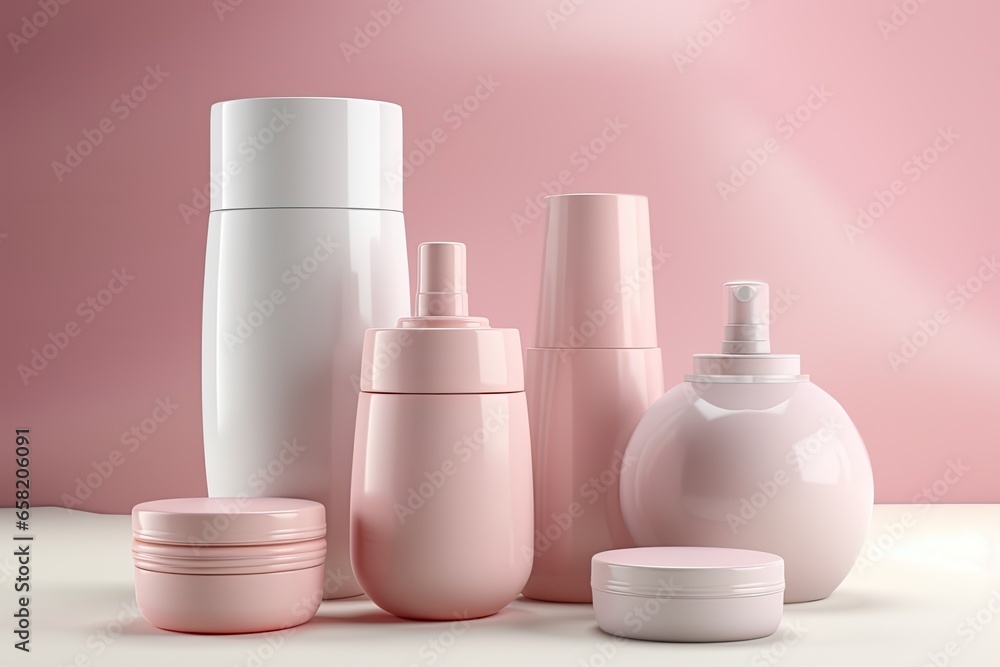 An appealing mockup featuring a set of blank cosmetic An appealing mockup featuring a set of blank cosmetic