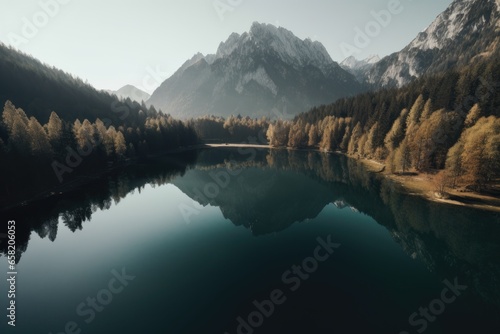 A stunning drone shot of a serene lake surrounded 
