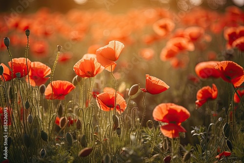 A vibrant background image featuring a field of red poppy flowers