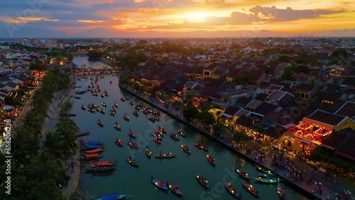 Hoi An ancient town by Thu Bon River in Vietnam at night. UNESCO world heritage, at Quang Nam province. Vietnam. Hoi An is one of the most popular destinations in Vietnam