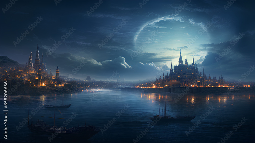 illustration of a magnificent city, seen from across the sea illustration of a magnificent city, seen from across the sea