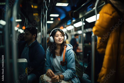 Asian woman wearing headphones travelling and commuting in an underground