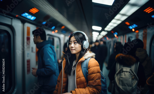 Asian woman wearing headphones travelling and commuting in an underground © Creative Clicks