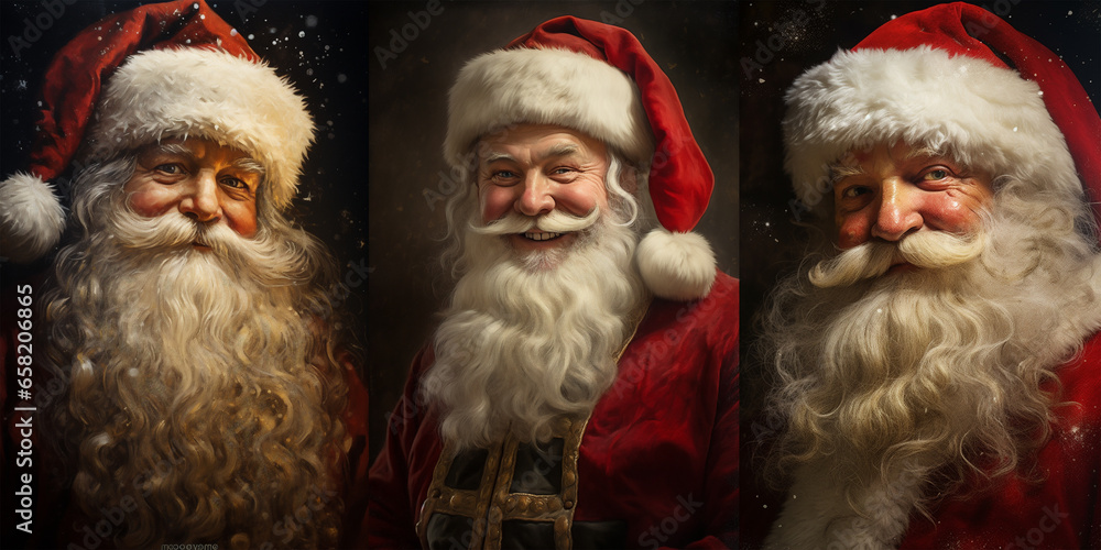 Set of 3 vintage antique style Santa Claus close up portrait, Christmas and holiday greeting cards - obrazy, fototapety, plakaty 