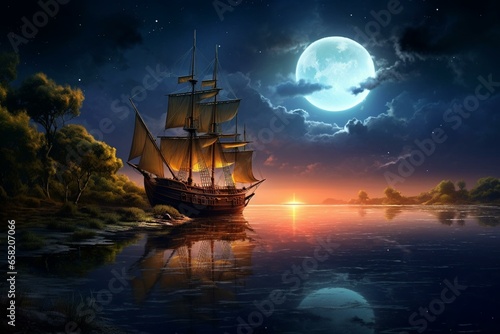 Peaceful night scene with a stunning traditional ship sailing on calm water. Generative AI