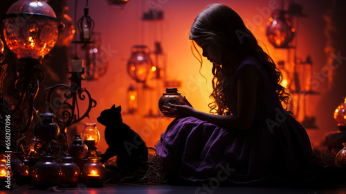 Enchanting sorceress in purple with glowing crystal, brewing potion amid silhouetted black cats. photo